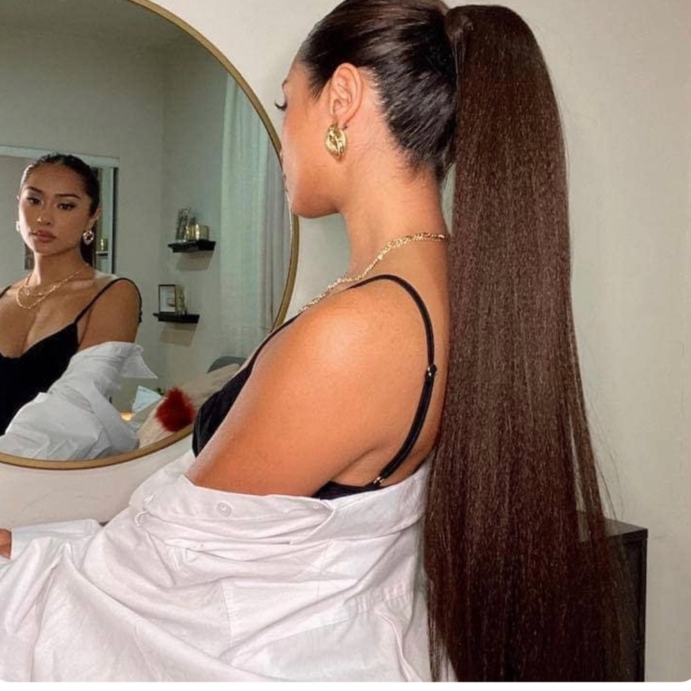 Insert Name Here INH Ponytail. Color is Miya dark brown.